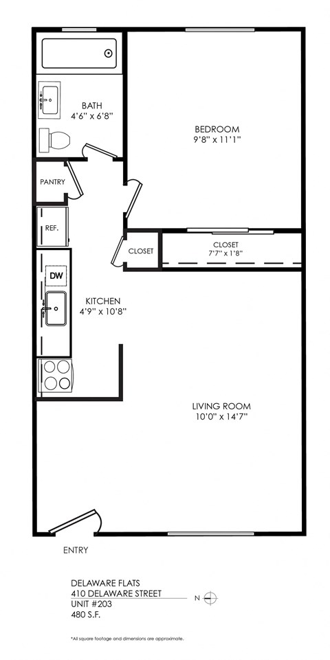 Floor plan for 1 bed, 1 bath, 590 sqft